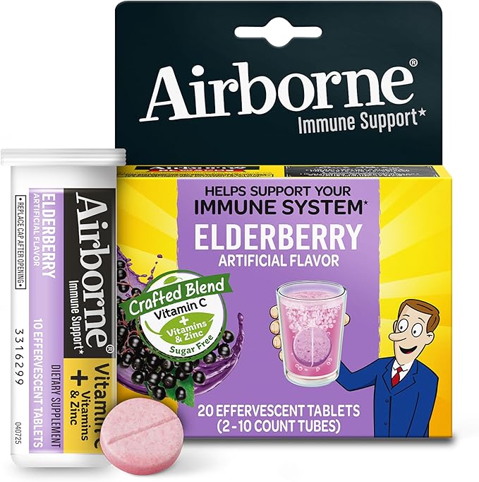 Airborne Elderberry Extract + Vitamin C 1000mg (per Serving) - Effervescent Tablets (20 Count in a Box), Gluten-Free Immune Support Supplement, with Vitamins A C E, Zinc, Selenium, Sugar Free