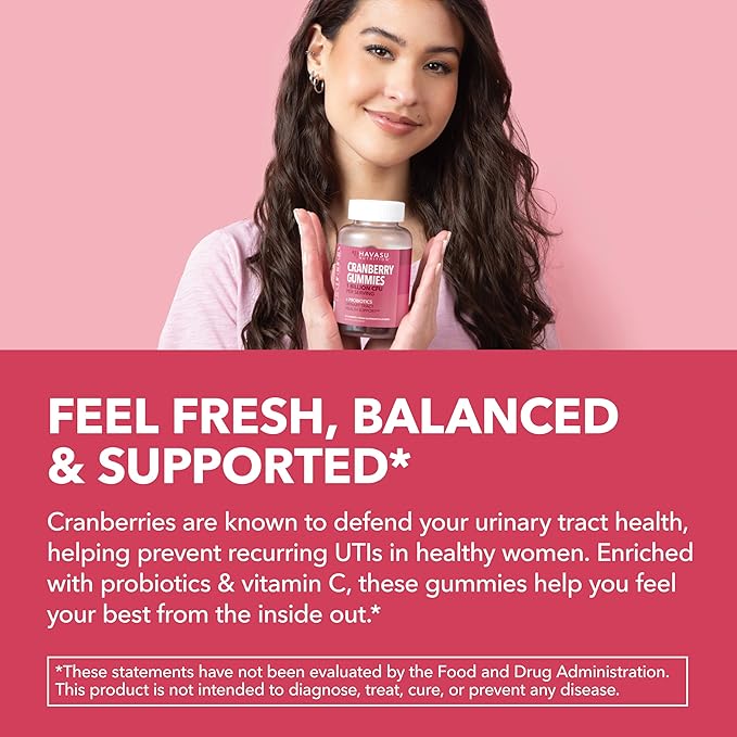 Probiotic Cranberry Gummies for Women - Urinary Tract Health and pH Balance - 1 Billion CFU of Lactobacillus for Bladder Support and Vaginal Wellness - Cran-Raspberry Flavor, 60 count, 1-Month Supply