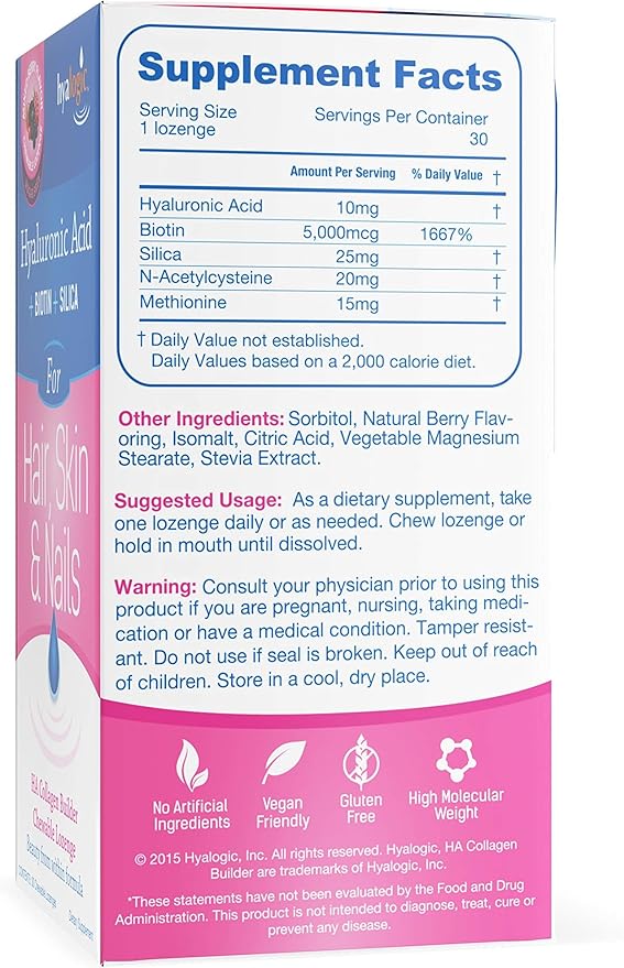 Hyalogic Hyaluronic Acid Chewable Lozenge – Sugar-Free Supplement for Hair Skin and Nails Vitamins for Women, Supports Skin Hydration (30 Count)
