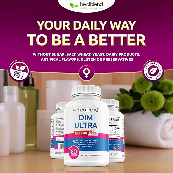 healblend DIM Ultra Dietary Supplement 350mg with Bioperine, Diindolylmethane, Estrogen Metabolism Support, Hormone Balance & PMS Relief, 60 Capsules