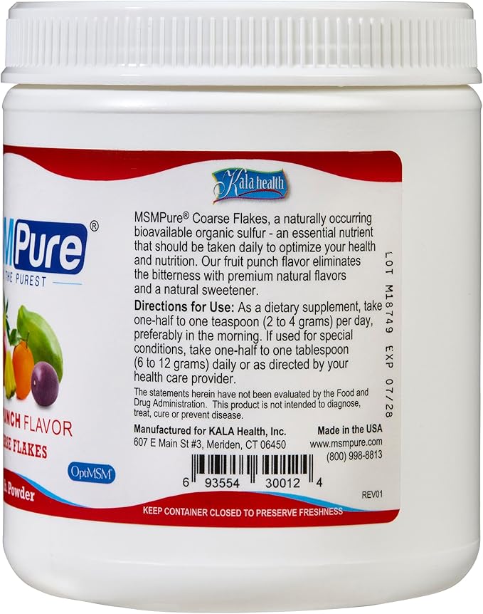 KALA HEALTH MSM Pure Fruit Punch–Flavored Coarse MSM Powder — Organic Sulfur for Joint Flexibility, Skin Appearance, and Hair & Nail Support — 1 lb, Made in the USA, Distilled Crystals
