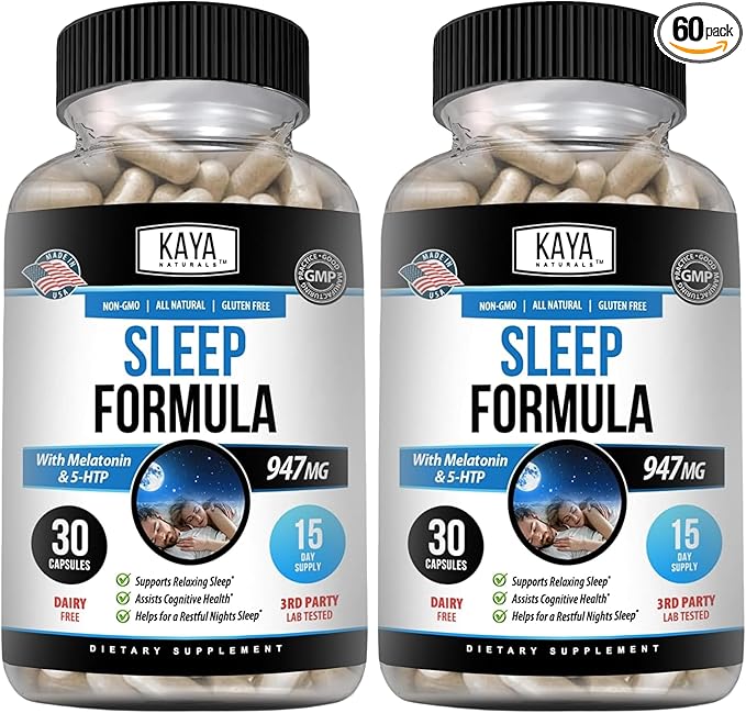 Kaya Naturals - Sleep Support Formula with Melatonin - Aid Support Vitamin Supplement - Sleep Stress and Mood Support - L-Tryptophan, Passion Flower, Ashwagandha and More (30 Count) (Pack of 2)