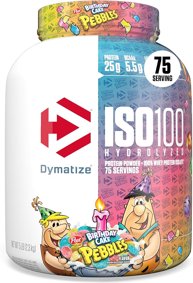 Dymatize ISO100 Whey Protein Powder Isolate, Birthday Cake, 25g of Protein, 5 Pound, 5.5g BCAAs, Less Than 120 Cal., Gluten Free, 1g Fat, 1g Sugar, 2g Carb (75 Servings)