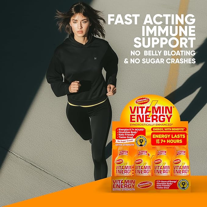 Vitamin Energy Immune+ Extra Strength Energy Shot Orange Burst 24 Pack, 260mg Natural Caffeine, B-Vitamins, Citicoline, Green Tea, Immunity & Focus Support, Zero Sugar, Gluten-Free 1.93 fl oz
