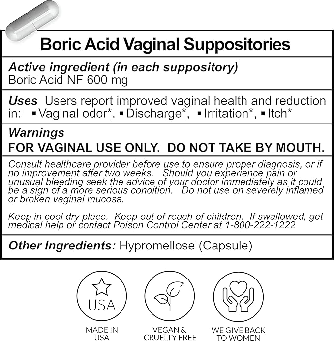 Flower Power Boric Acid Suppositories for Women - 30 Capsules - 600mg for Vaginal pH Balance & Freshness - Vegan, Made in USA