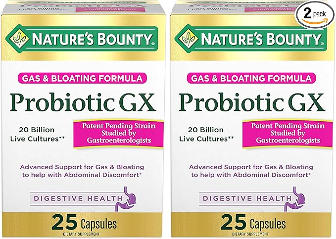 Nature's Bounty Probiotic, for Occasional Gas and Bloating Dietary Formula, Dietary Supplement, Helps with Abdominal Discomfort, Promotes Digestive Health, 25 Capsules (Pack of 2)