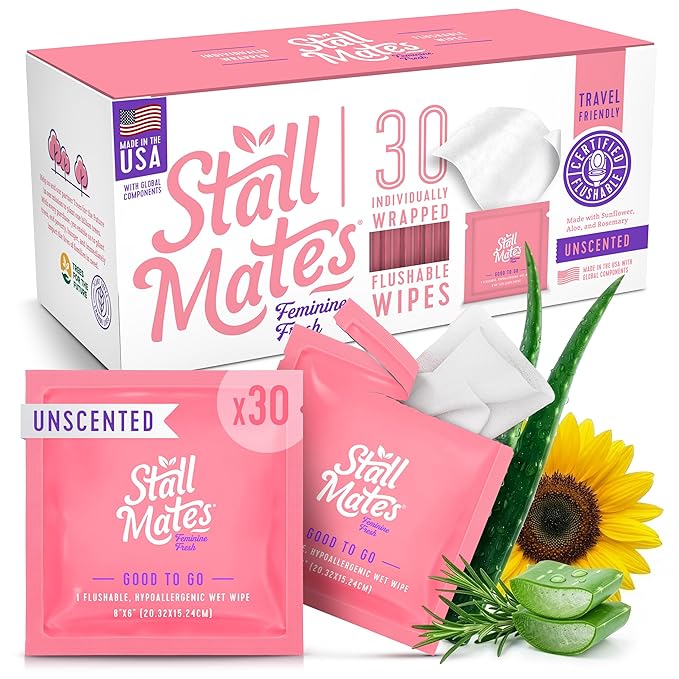 Stall Mates Feminine Fresh - Flushable Wipes, Individually Wrapped Cleansing Travel Friendly PH balanced Unscented with Sunflower, Rosemary and Aloe (30 on-the-go singles)