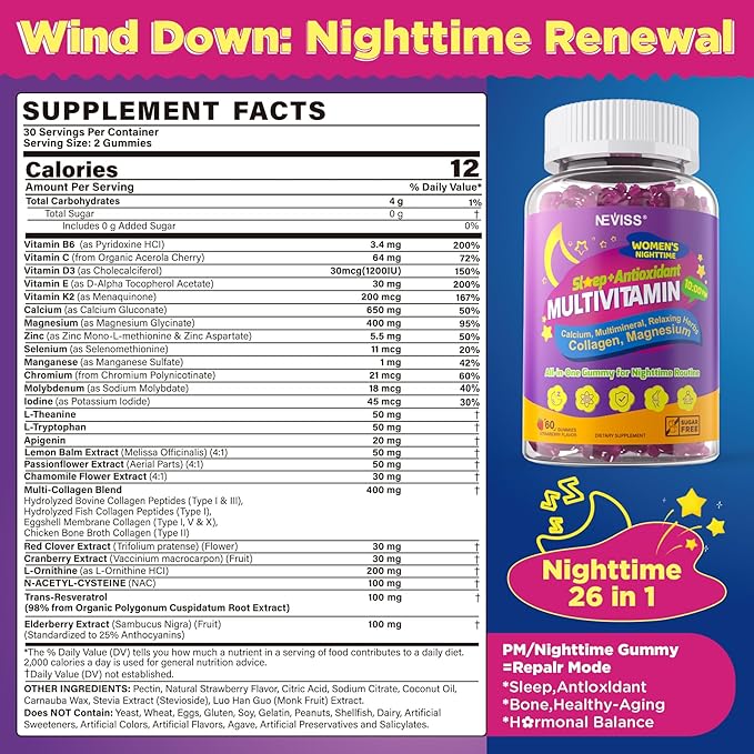 NEVISS Multivitamin for Women Gummies with Magnesium Glycinate 400mg, Calcium D3K2, Hydrolyzed Collagen Gummy for Night Renewal/Sleep, Antioxidant, Relax, Bone, Womens 18 30 40 50 60 70+ Daily Vitamin