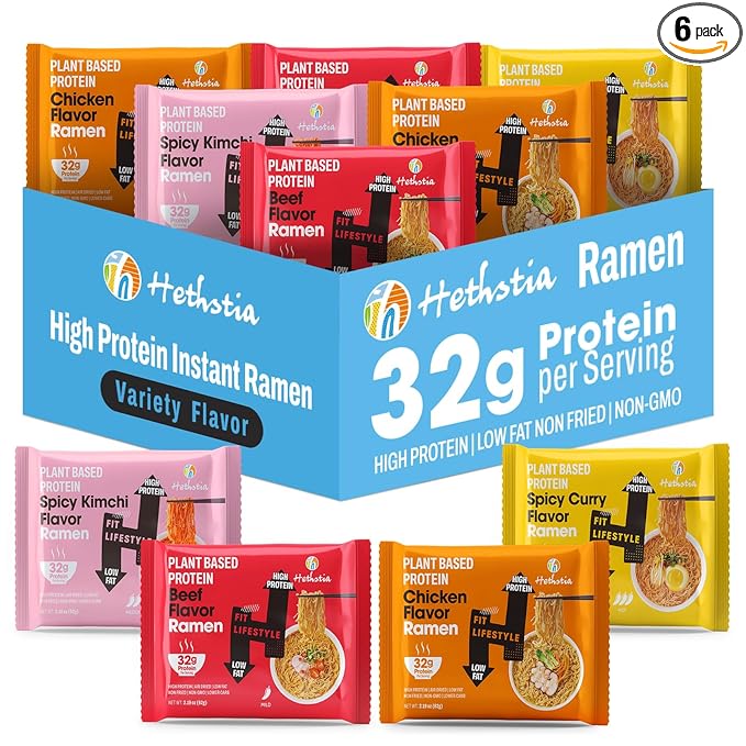 Hethstia High-Protein Ramen Variety Pack (Chicken, Beef, Spicy Kimchi, Spicy Curry), 6-Pack Instant Ramen Noodle Soup, 32g Plant-Based Protein, Vegan, Non-GMO, Low Fat, Pre-Packaged Quick Meal