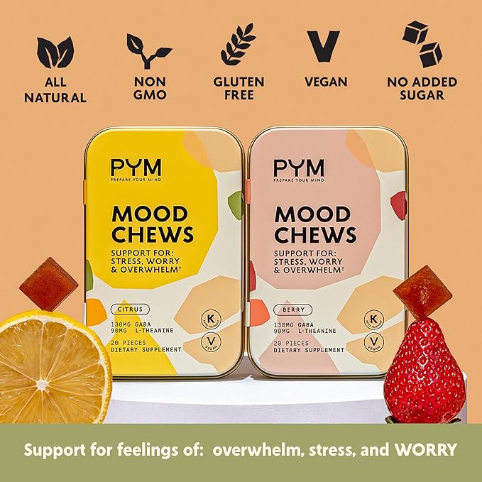 PYM Citrus Mood Chews Support for Stress, Worry & Overwhelm, 120 Count | 130mg GABA, 90mg L-Theanine | Vegan, Non-GMO, Gluten-Free, No Added Sugar | All-Natural Mood Balance Supplement Made in USA