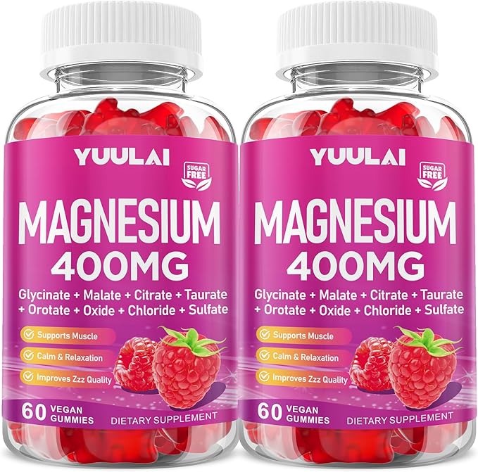 Pack of 2 Magnesium Complex Gummies 400mg, Magnesium Glycinate, Malate, Citrate, Taurate, Oxide & More | w/Ashwagandha Extract, D3 & B12 for Calm, Zzz, Relaxation, Raspberry Flavor, 120 Count