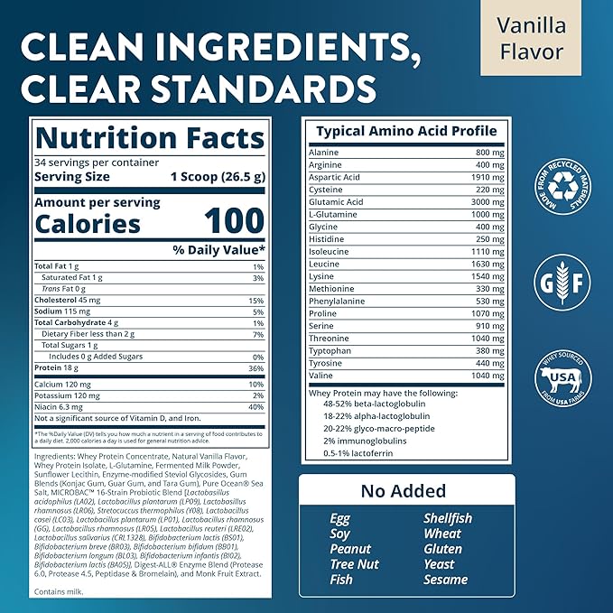 MRM Nutrition Whey Protein - Vanilla Flavored, Microfiltered Whey Protein Isolate & Concentrate, 16 Different Probiotic Strains, BCAAs, & Digestive Enzymes, Gluten Free, for Women & Men - 34 Servings