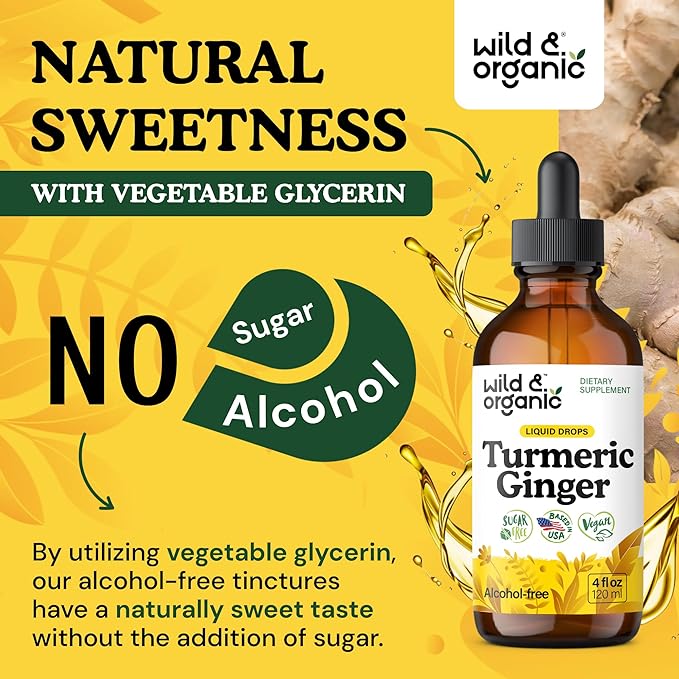 Wild & Organic Turmeric and Ginger Supplement Drops - Joint & Immune Support - Liquid Turmeric Curcumin with Black Pepper and Ginger - Curcumin Supplement - Vegan, Sugar & Alcohol-Free Tincture - 4 oz