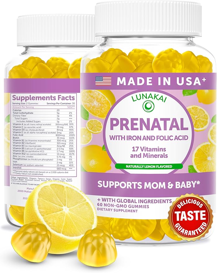 Lunakai USA Made 17-in-1 Prenatal Vitamins for Women with Iron & Folic Acid – Delicious Daily Prenatal Gummies for Maternal Wellness Support, 60ct
