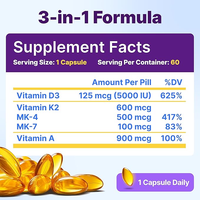 InnovixLabs Vitamin D3 K2-5000 IU Vitamin D3 Plus 600 mcg Vitamin K2 MK4 and MK7 for Max Calcium Absorption, Supports Bone, Immune, Heart Health, 3rd Party Tested, Gluten Free, 60 Softgels (Pack of 2)