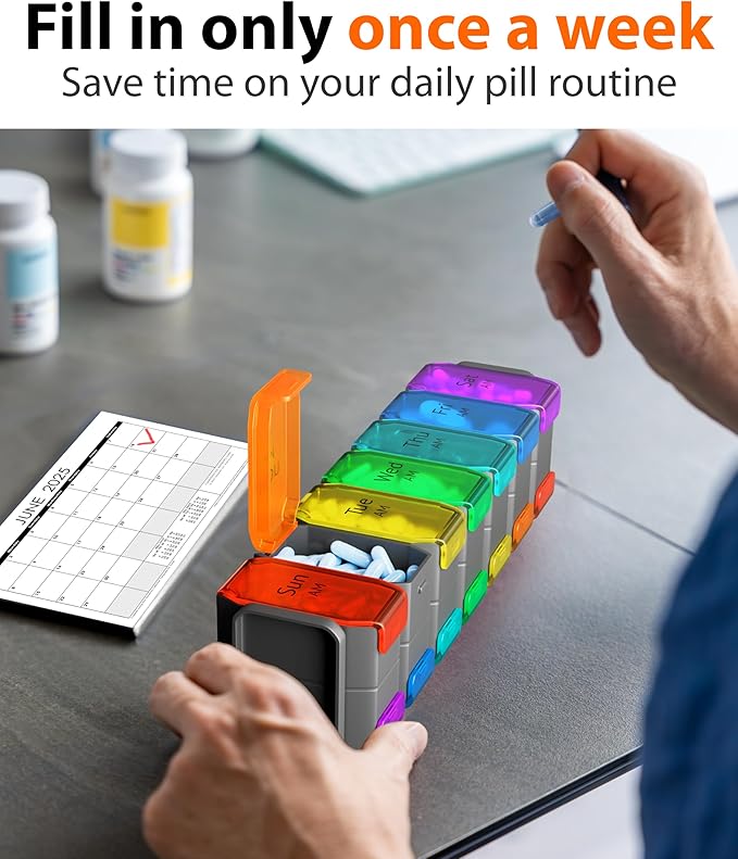 Extra Large Pill Organizer 2 Times a Day – XL Pill Box 7 Day with Big AM/PM Compartments – Fits Large Vitamins, Supplements & Gummies, for 7 or 14-Day Use, Color-Coded, Senior-Friendly, No Spills