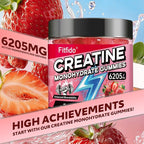 Creatine Monohydrate Gummies for Men & Women - 6205mg per Serving, Containing L-carnitine & Taurine, Post Workout Muscle Recovery, Strength & Energy Boost, Sugar Free & Vegan (60, Strawberry)