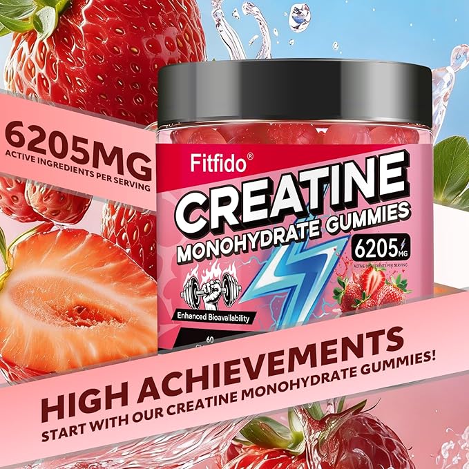 Creatine Monohydrate Gummies for Men & Women - 6205mg per Serving, Containing L-carnitine & Taurine, Post Workout Muscle Recovery, Strength & Energy Boost, Sugar Free & Vegan (60, Strawberry)