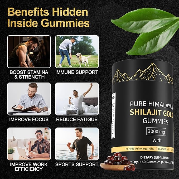 Shilajit Gummies, Form Himalayan Shilajit, with Ashwagandha Gokshura, No Added Sugar Non-GMO 100% Natural & Organic, Fulvic Acid & 85+ Trace Minerals for Men, Women | 60 Gummy