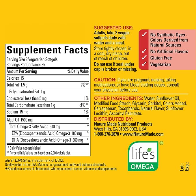 Nature Made Algae Oil Omega 3 Supplement 540mg, Omega 3 Fish Oil Alternative, 70 Veggie Softgels, Sustainable, Plant-Based, for Healthy Heart, Brain, and Eye Support, 70 Softgels,(Pack of 2)