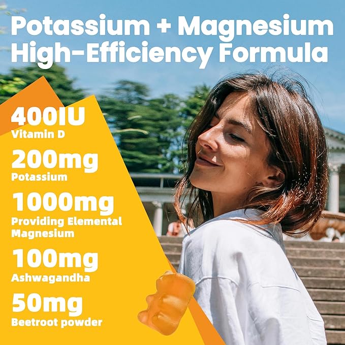 Potassium Magnesium Gummies - High Absorption Magnesium Glycinate & Potassium Citrate Plus Omega 3, B6, D3, K2 & Calcium - Chewable Gummy for Leg Cramps, Immunity & Energy Orange 120 Gummies