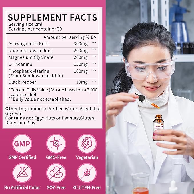 Cortisol Supplements for Women Liquid Drops, Natural Herbal Extract Complex for Women, Maintain Healthy Cortisol Levels - 90 Day Vegan Supply
