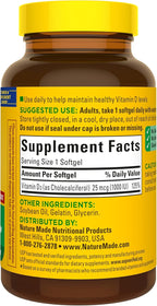 Nature Made Vitamin D3 1000 IU (25 mcg), Vitamin D Supplement for Bone, Teeth, Muscle and Immune Health Support, 180 Softgels, 180 Day Supply
