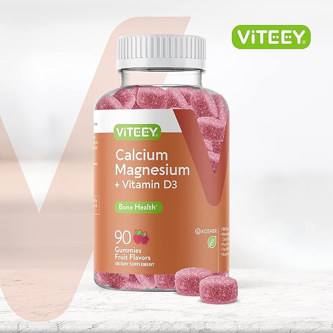 Viteey Calcium Gummies with Vitamin D3 and Magnesium Supplement for Bone Health - Chewable Calcium Supplements for Women & Men - Gluten-Free, Non-GMO - 90 Count
