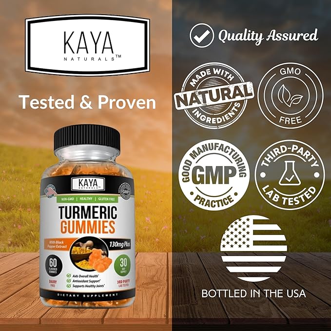 Kaya Naturals Turmeric Supplements Gummies, Pure Nature Turmeric Curcumin, Ginger Gummies - Black Pepper Extract - 60 Count