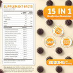 15 in 1 Mushroom Complex Gummies & Ashwagandha Gummies 3000 mg - Lions Mane, Reishi, Turkey Tail & More | Mushroom Supplement for Cognitive Function, Focus & Memory | Raspberry Gummies| Sugar-Free