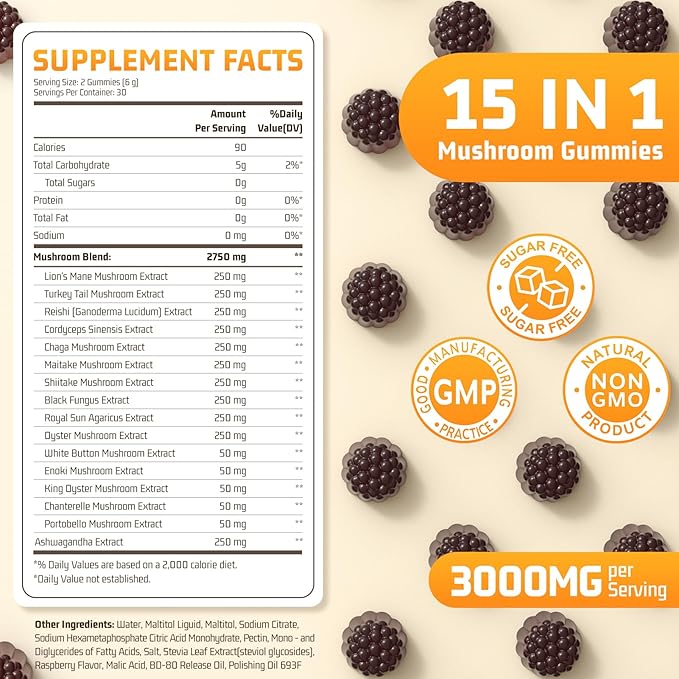15 in 1 Mushroom Complex Gummies & Ashwagandha Gummies 3000 mg - Lions Mane, Reishi, Turkey Tail & More | Mushroom Supplement for Cognitive Function, Focus & Memory | Raspberry Gummies| Sugar-Free