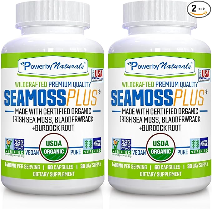Power By Naturals Sea Moss Plus – USDA Organic Irish Sea Moss Capsules with Bladderwrack & Burdock Root – Immune Support – Vegan, Non-GMO, Gluten-Free – 120 Capsules, 2-Pack (2-Month Supply)