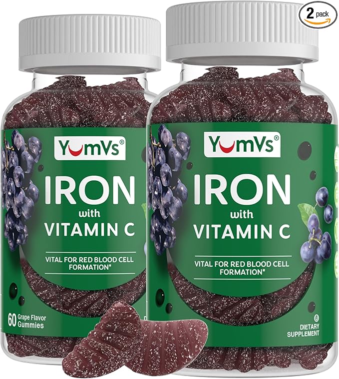YUM-V'S Iron Gummies, Grape Flavor - 10 mg Chewable Iron Supplement, Gummies with Vitamin C - Kosher, Gluten Free - Blood Builder Iron Supplement Gummies (60 Count), Pack of 20