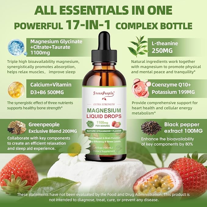 GREENPEOPLE Magnesium Glycinate Liquid Drop - 17-in-1 4Fl. Oz Triple Magnesium Complex Supplement with Glycinate 400mg & Citrate 500mg Taurate/L-Theanine for Calm Mood/Muscle/Sleep,Strawberry Flavor