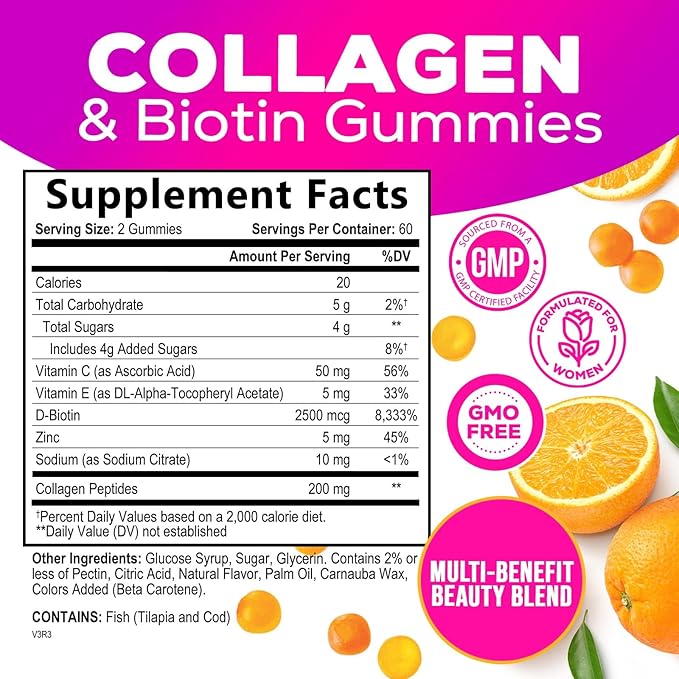 Collagen Gummies - 2500mcg Biotin Per Serving - Complete Collagen Supplement with Hydrolyzed Peptides Type I & III, Biotin, Zinc, & Vitamin C - Hair, Skin, & Nail Support Women & Men - 120 Gummies