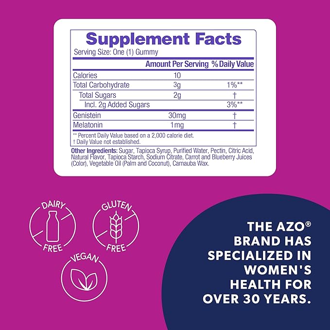 AZO® Nighttime Menopause Gummies + Melatonin to Support Restful Sleep*, Clinically Proven Ingredient for Hot Flashes and Night Sweats, Menopause Supplements for Women - 30 Gummies