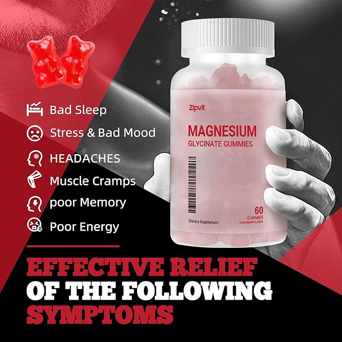 Magnesium Glycinate Gummies 1000mg - Sugar Free Magnesium Potassium Supplement with Vitamin D, B6, CoQ10 for Calm Mood & Sleep Support - 60 Strawberry Gummies