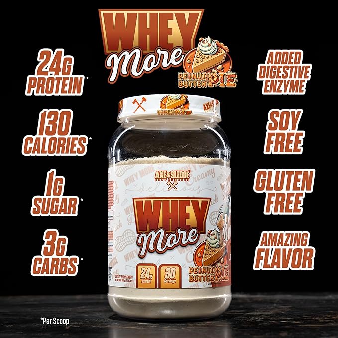 Axe & Sledge WHEY More Premium Protein Blend | 24g Protein, Whey Concentrate & Isolate | Prebiotic Fiber for Enhanced Absorption | Creamy, Delicious, Versatile | 30 Servings, Peanut Butter Pie