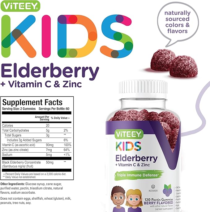 Viteey Sambucus Elderberry Gummies for Kids Immune Support Supplements with Zinc & Vitamin C 3-1 Immune Booster - Vegetarian, Gelatin Free, Gluten Free, GMO Free - Tasty Chewable Berry Flavored