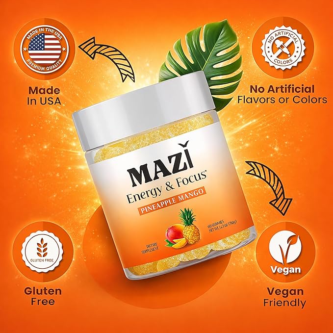 Energy & Focus Gummies | 100mg Natural Caffeine + L-Theanine + Vitamin B6 & B12 + CoQ10 | Nootropic Cognitive Brain Performance Supplement | No Crash or Jitters