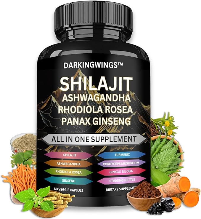8-in-1 Shilajit 9000 Panax Ginseng 1500MG Ashwagandha 2000MG Rhodiola Rosea 1000MG, Turmeric 500MG, Gingko Biloba 500mg, Stinging Nettle 250MG, Cordyceps Mushroom 500 MG for Full Body Power