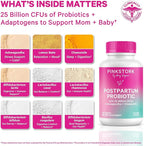 Pink Stork Probiotics for Postnatal Women - 30 Billion CFUS with Ashwagandha and Chamomile, Postpartum Essentials for Hormone Balance, Mood Support, Gut Health, Digestive Wellness, 30 Capsules