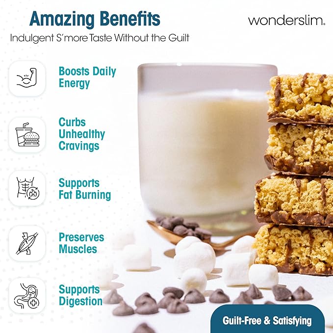Wonderslim High Fiber Protein Bars, Fluffy S'more Crisp | 15g Protein, 8g Fiber | Low Sugar, Low Carb | Healthy Indulgence | Satisfying, Supports Energy & On-the-Go Convenience, 7 Pack