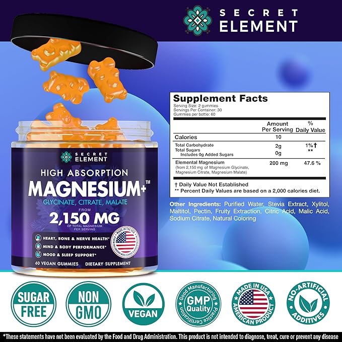 Magnesium Glycinate 2150MG, High Absorption Magnesium Glycinate, Citrate, Malate, Sugar-Free,Vegan, Inspired by Wellness Traditions Like Arjuna, 60 Wild Orange Flavor Chews
