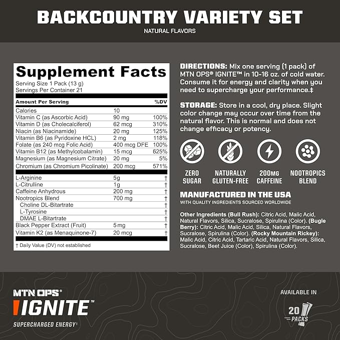 MTN OPS Ignite Sugar Free Energy Drink Powder Variety Pack with 200mg Caffeine, Travel Pre Workout Packets for to-Go Energy, Nootropic Blend, L Arginine & L Citrulline, Backcountry Flavors
