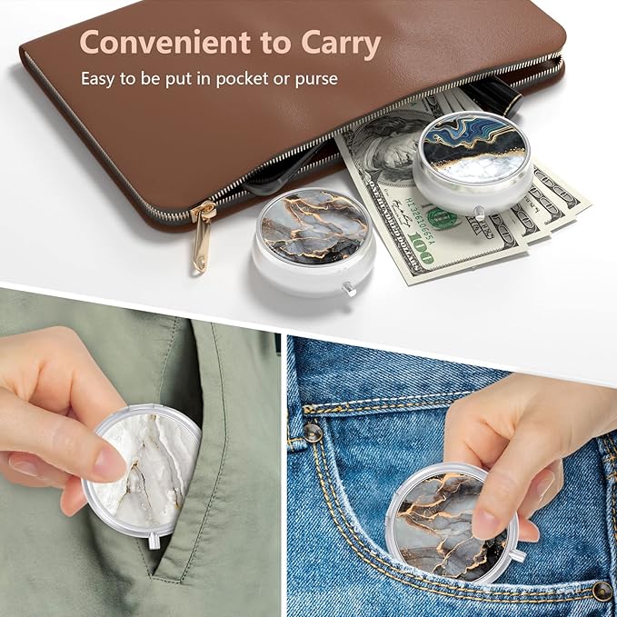3 Pack Pill Box, Small Pill Case for Purse & Pocket, Cute Travel Medicine Organizer, Portable Medicine Container Holder to Hold Vitamins, Medication, Fish Oil & Supplement, Abstract Art Marble