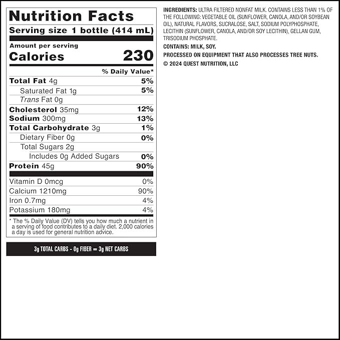 Quest Nutrition Vanilla Protein Shake,45g Protein,2g Sugar,3g Net Carbs,Ready to Drink,Gluten Free,(Pack of 24)