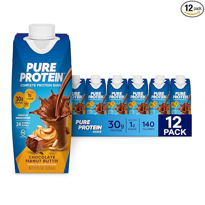 Pure Protein Complete Protein Shake, Chocolate Peanut Butter, 30g High Protein Drink, Less than 1g Sugar, 3g Fiber, Ready to Drink, Non GMO, On-the-Go Shakes, 11oz Bottles, 12 Pack