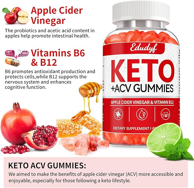 Keto ACV Gummies - 60 Count Gluten-Free, Gelatin-Free Apple Cider Vinegar Gummies with B12 for Keto Support, Vegetarian, Unique Flavor, Convenient Bottled Supplement for Men & Women