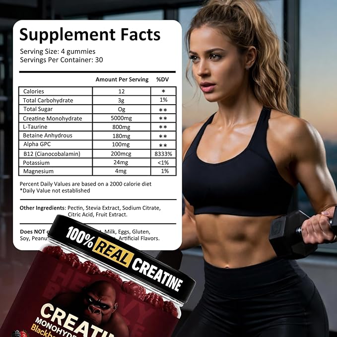 Creatine Monohydrate Gummies 5g Sugar Free Creatine with Vitamin B12 and L-Taurine | Muscle Growth for Men and Women | Low Calorie Formula 120 Gummies for 30 Servings, Mixed Berry